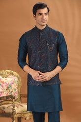 Rama Blue Silk Kurta Pajama with Embroidered Jacket